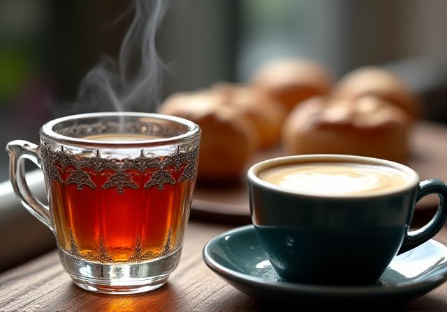 Specialty coffee e tè alla menta servito in bicchieri decorati a mano